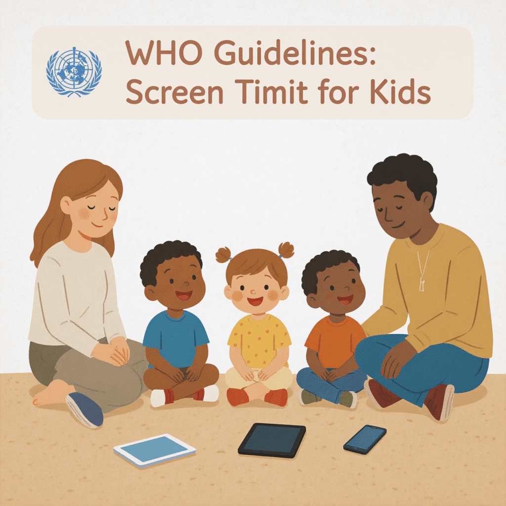 WHO guidelines on children’s screen time – parents teaching kids healthy device use.